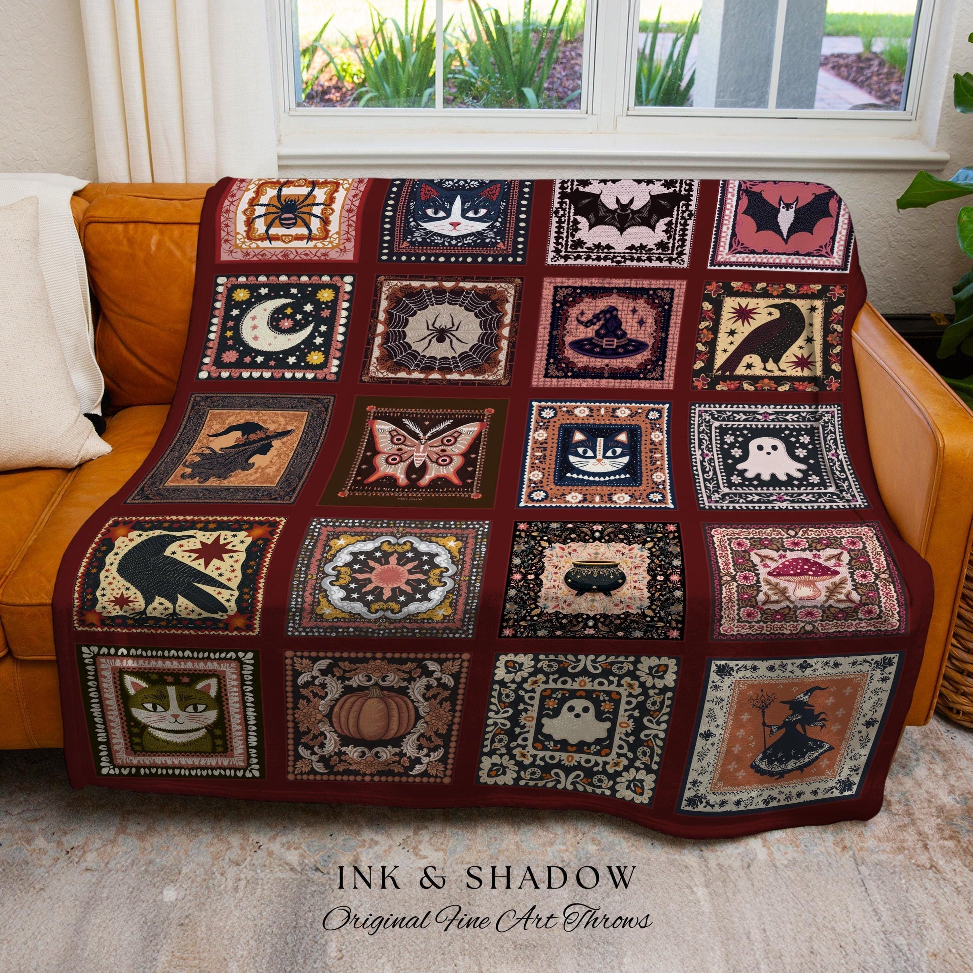 Moody Crimson Gothic Throw Blanket | Cute Dark Academia Decor Spooky Woven Bat Tapestry Accent Cozy Whimsigoth Bedroom Gift Retro Halloween
