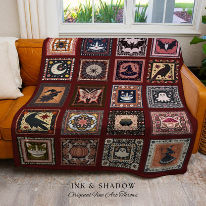 Moody Crimson Whimsigoth Folklore Checkered Woven Throw Blanket, Dark Academia Spooky Tapestry Style Cozy Cottagecore Halloween Home Decor