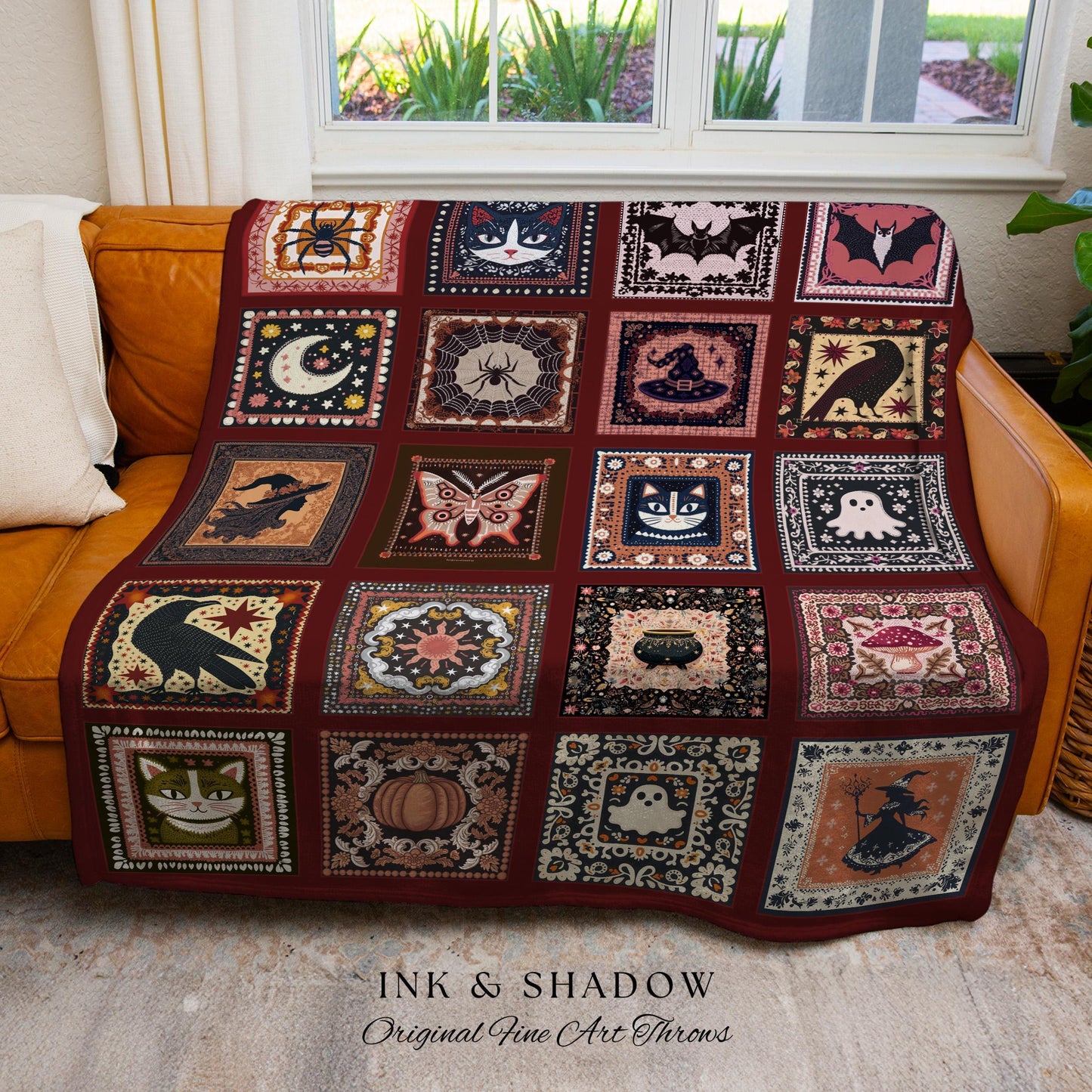 Moody Crimson Whimsigoth Folklore Checkered Woven Throw Blanket, Dark Academia Spooky Tapestry Style Cozy Cottagecore Halloween Home Decor