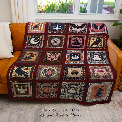 Moody Crimson Whimsigoth Folklore Checkered Woven Throw Blanket, Dark Academia Spooky Tapestry Style Cozy Cottagecore Halloween Home Decor