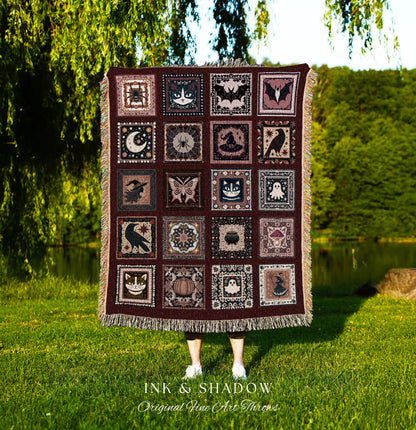 Moody Crimson Whimsigoth Folklore Checkered Woven Throw Blanket, Dark Academia Spooky Tapestry Style Cozy Cottagecore Halloween Home Decor