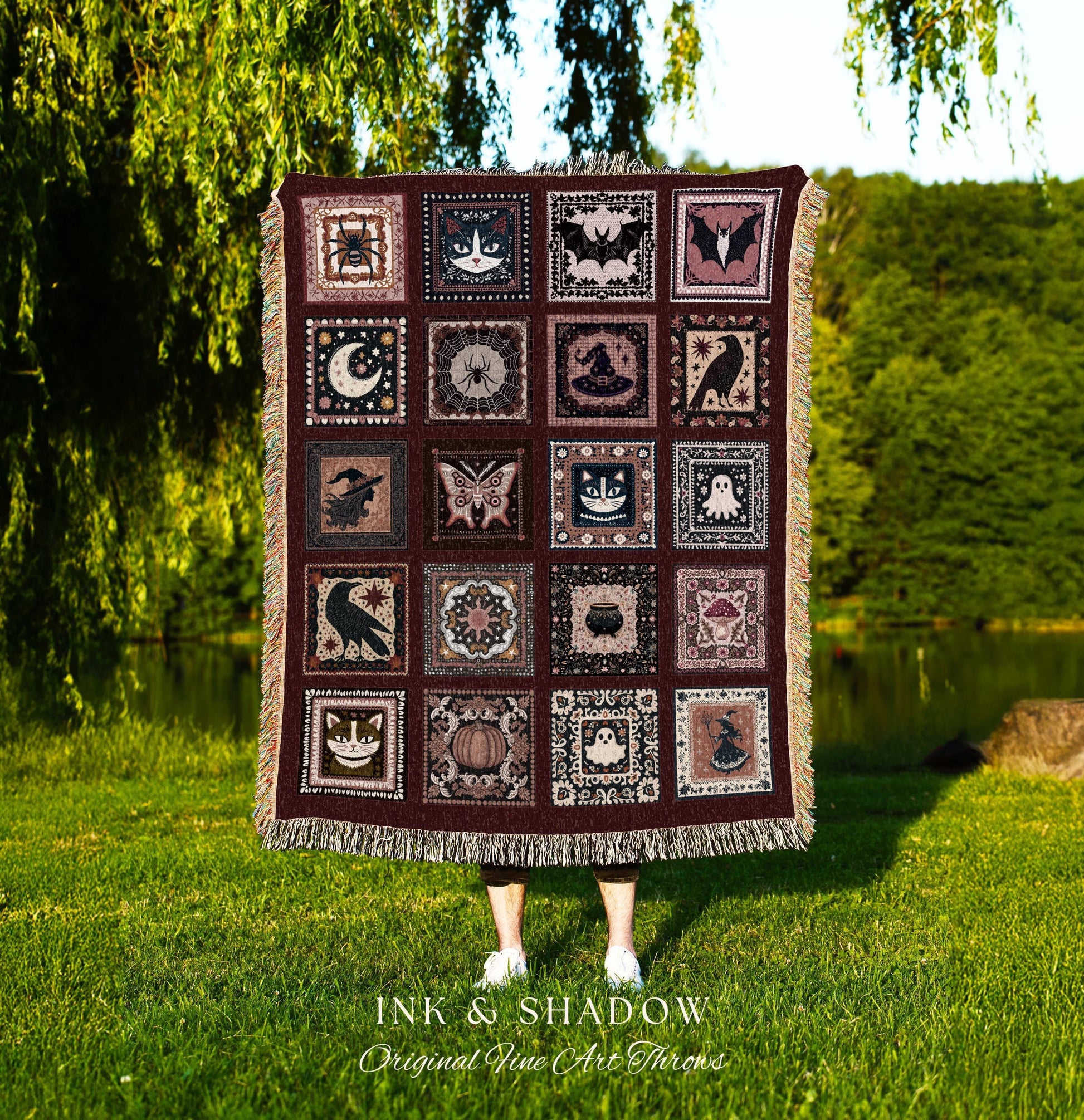 Moody Crimson Whimsigoth Folklore Checkered Woven Throw Blanket, Dark Academia Spooky Tapestry Style Cozy Cottagecore Halloween Home Decor