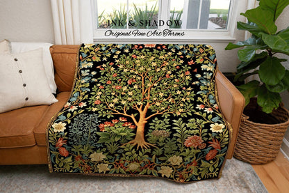 Floral Tapestry Tree of Life Design | Folklore William Morris Inspired Throw Botanical Tapestry Medieval Aesthetic Nordic Renaissance Decor