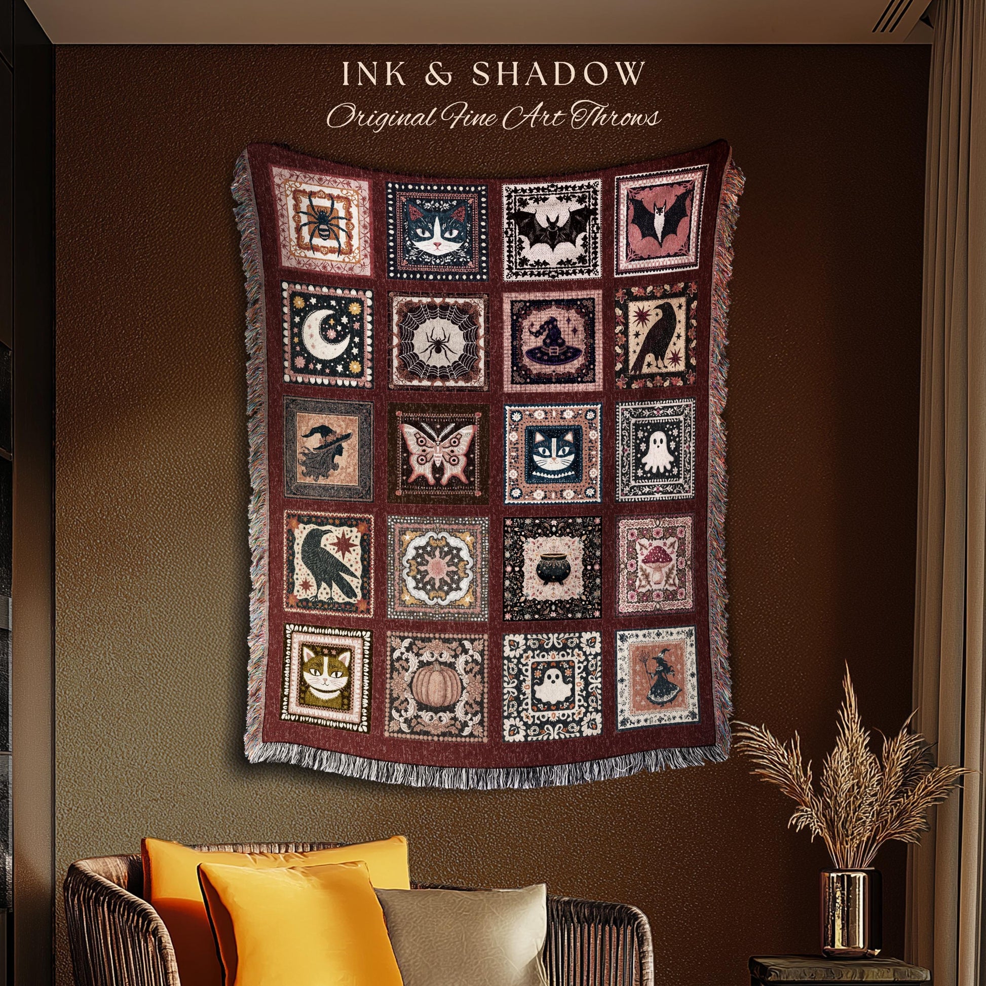 Moody Crimson Gothic Throw Blanket | Cute Dark Academia Decor Spooky Woven Bat Tapestry Accent Cozy Whimsigoth Bedroom Gift Retro Halloween