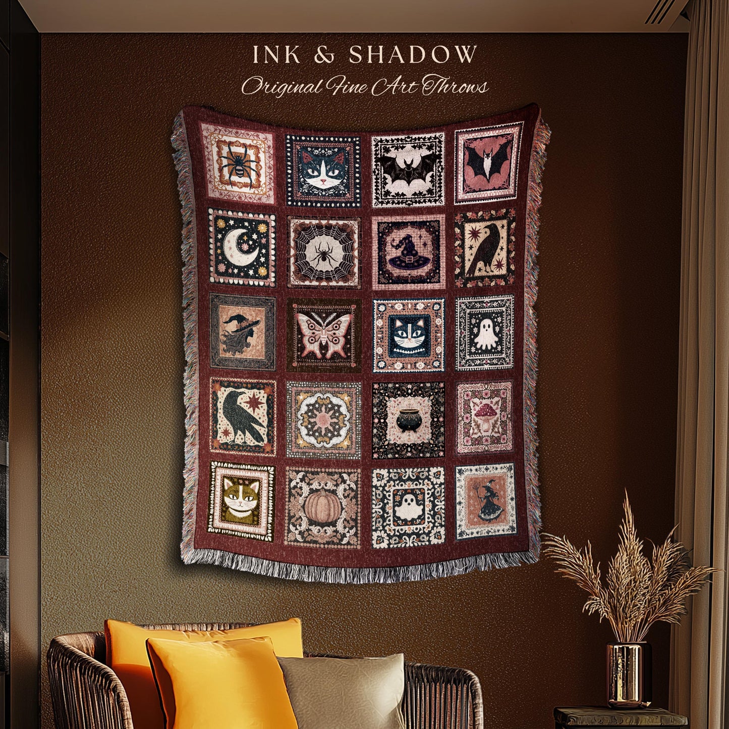 Moody Crimson Whimsigoth Folklore Checkered Woven Throw Blanket, Dark Academia Spooky Tapestry Style Cozy Cottagecore Halloween Home Decor