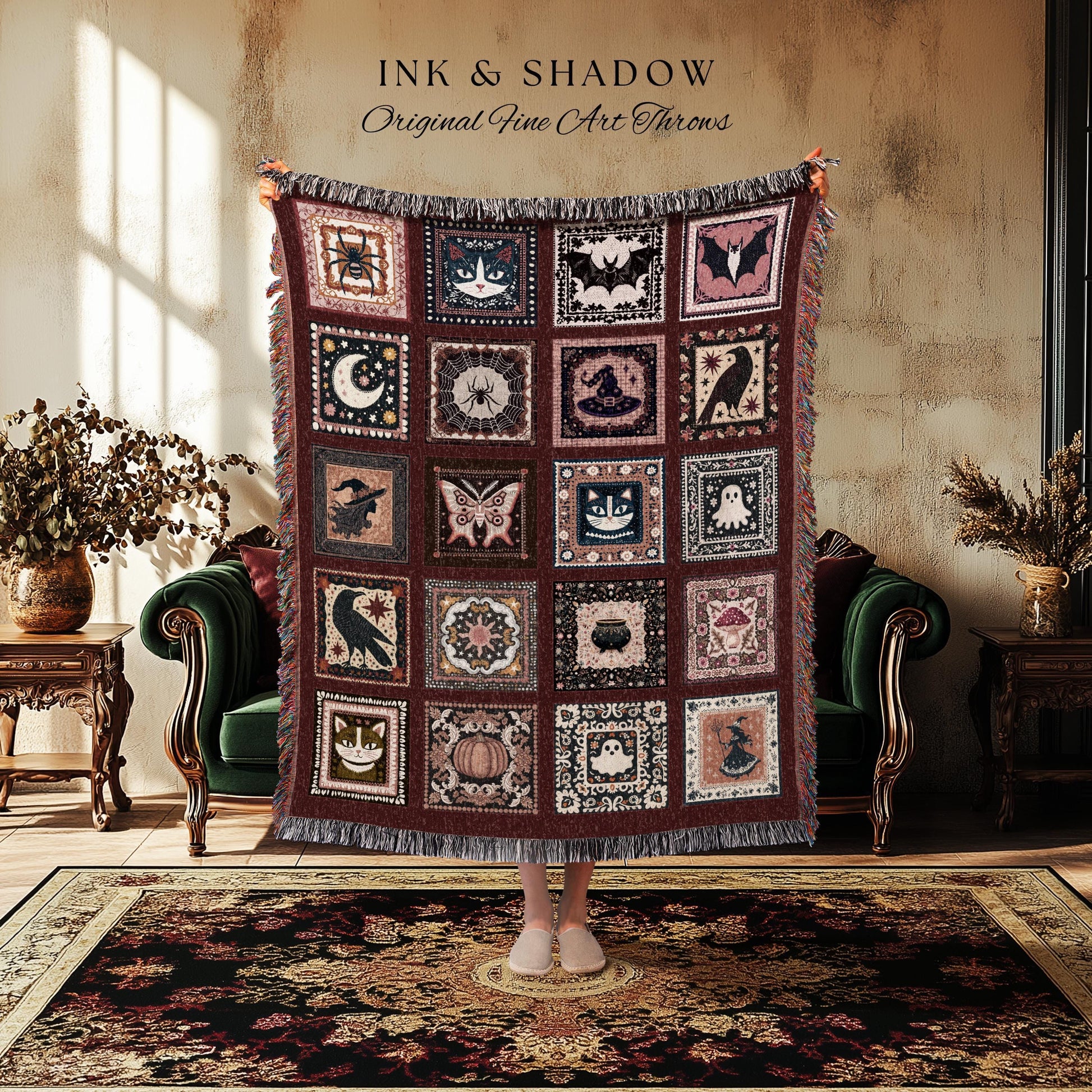 Moody Crimson Whimsigoth Folklore Checkered Woven Throw Blanket, Dark Academia Spooky Tapestry Style Cozy Cottagecore Halloween Home Decor
