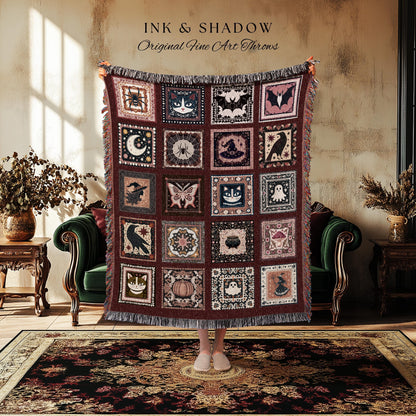 Moody Crimson Whimsigoth Folklore Checkered Woven Throw Blanket, Dark Academia Spooky Tapestry Style Cozy Cottagecore Halloween Home Decor