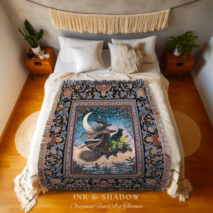 Magic Moonlit Witch Woven Tapestry | Ethereal Witchy Halloween Throw Blanket Nostalgic Aesthetic Broomstick Black Cat Celestial Home Decor