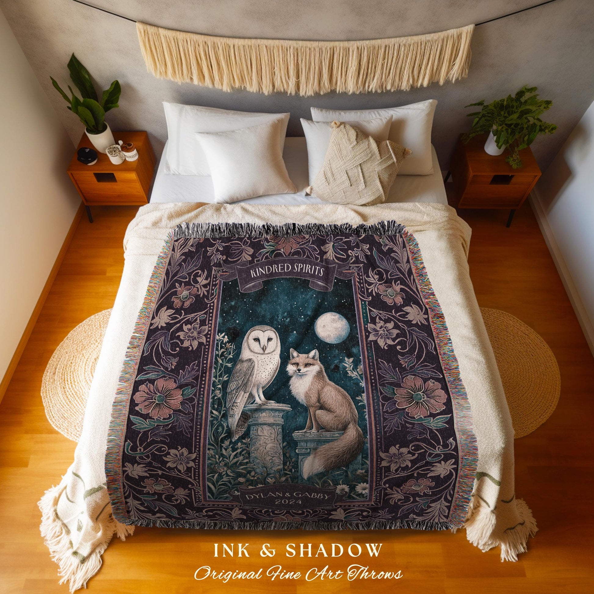 Enchanted Moonlit Custom Couple Tapestry Throw Woodland Wedding Owl & Fox Kindred Spirits Whimsical Anniversary Sentimental Cute Cozy Gift