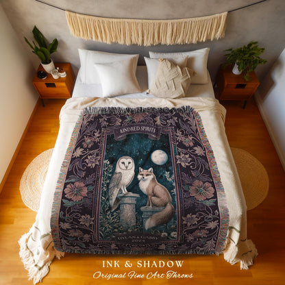 Enchanted Moonlit Custom Couple Tapestry Throw Woodland Wedding Owl & Fox Kindred Spirits Whimsical Anniversary Sentimental Cute Cozy Gift