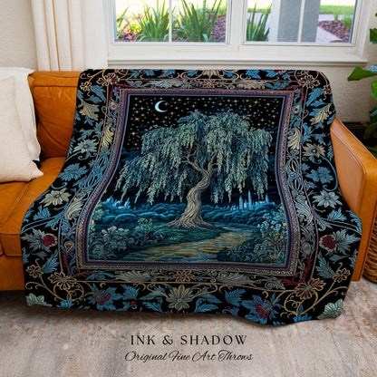 Starry Night Weeping Willow Tree Blanket | Woodland Folklore Aesthetic Moonlit Castle Fairytale Decor Ethereal Witchy Woven Wall Tapestry |
