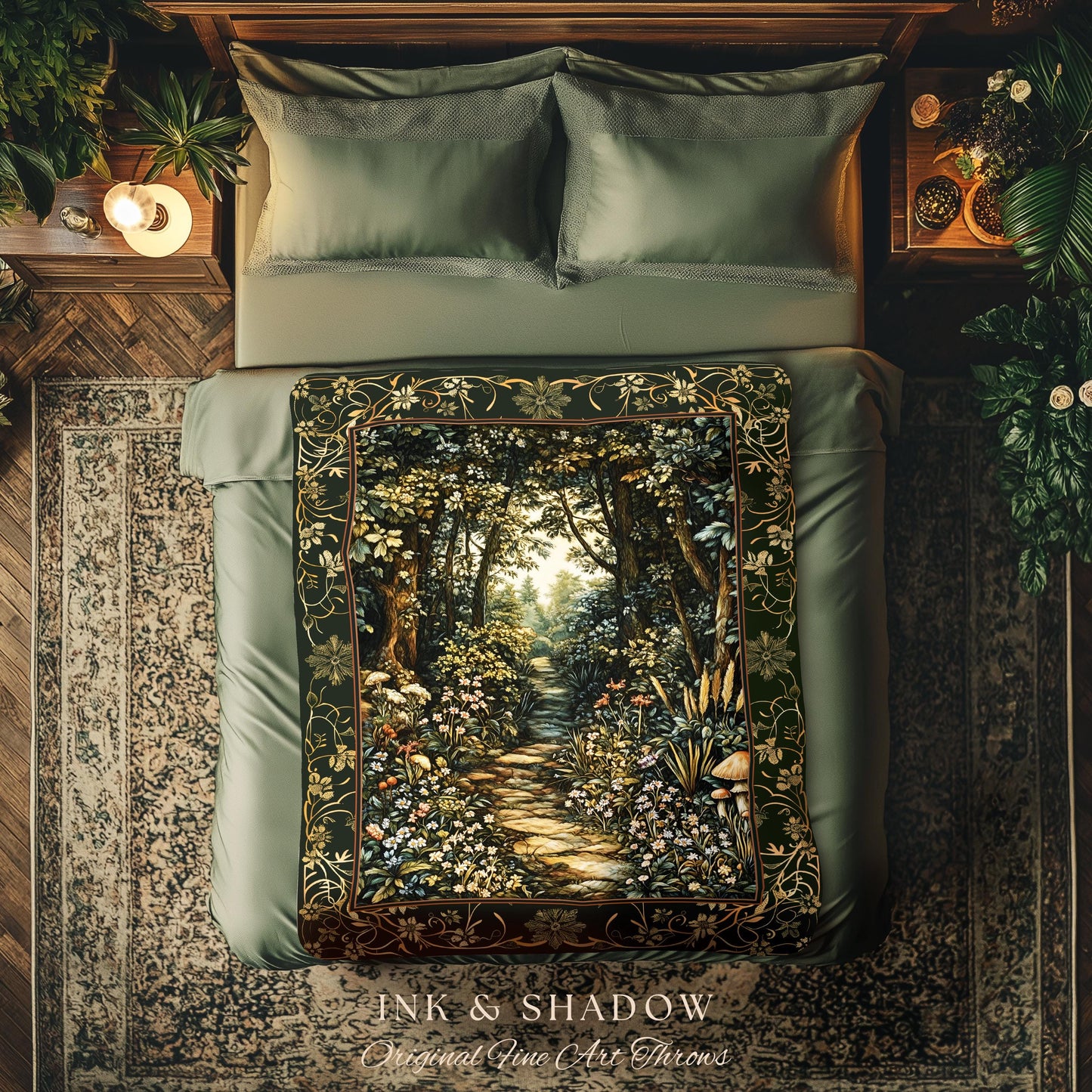 Fairy Meadow Mushroom Forest Woven Blanket Mystic Academia Folklore Inspired, Fairycore Woodland Gothic Whimsical Medieval Tapestry Throw