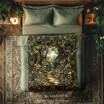 Fairy Meadow Mushroom Forest Woven Blanket Mystic Academia Folklore Inspired, Fairycore Woodland Gothic Whimsical Medieval Tapestry Throw