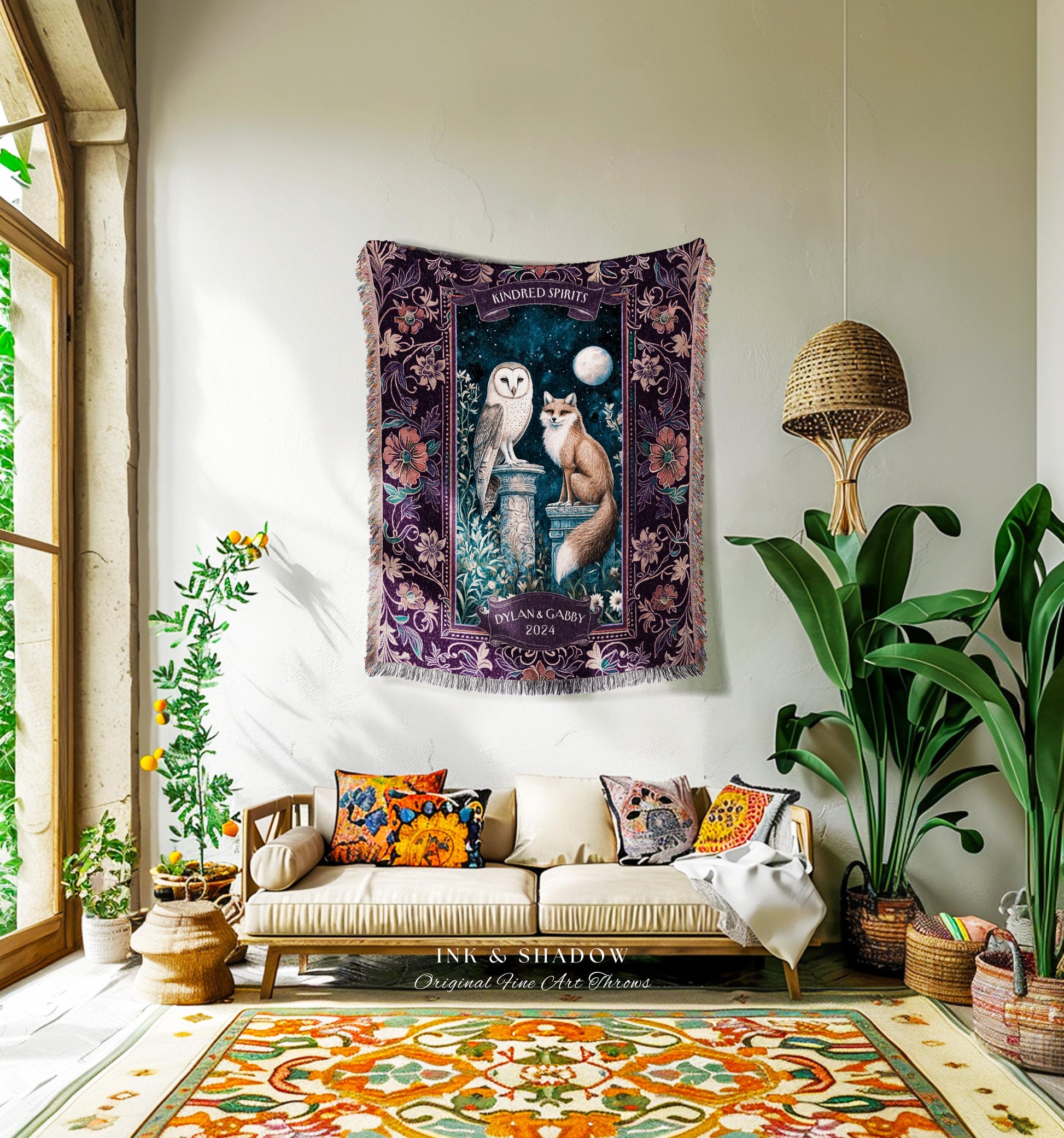 Enchanted Moonlit Custom Couple Tapestry Throw Woodland Wedding Owl & Fox Kindred Spirits Whimsical Anniversary Sentimental Cute Cozy Gift