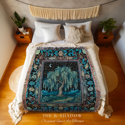 Starry Night Weeping Willow Tree Blanket | Woodland Folklore Aesthetic Moonlit Castle Fairytale Decor Ethereal Witchy Woven Wall Tapestry |