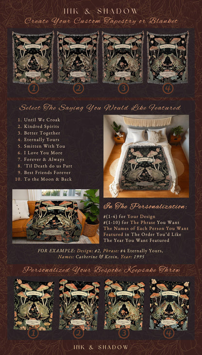 Until We Croak Frog Couple Throw Blanket | Woodland Mushroom Gothic Tapestry Woven Personalized Anniversary Cottagecore Gift for Frog Lover
