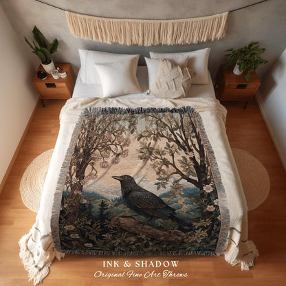Dark Landscape Crow Blanket | Crowcore William Morris Style Witchy Decor Bedroom Landscape Tapestry Cottagegoth Woodland Room Decor Witchy |