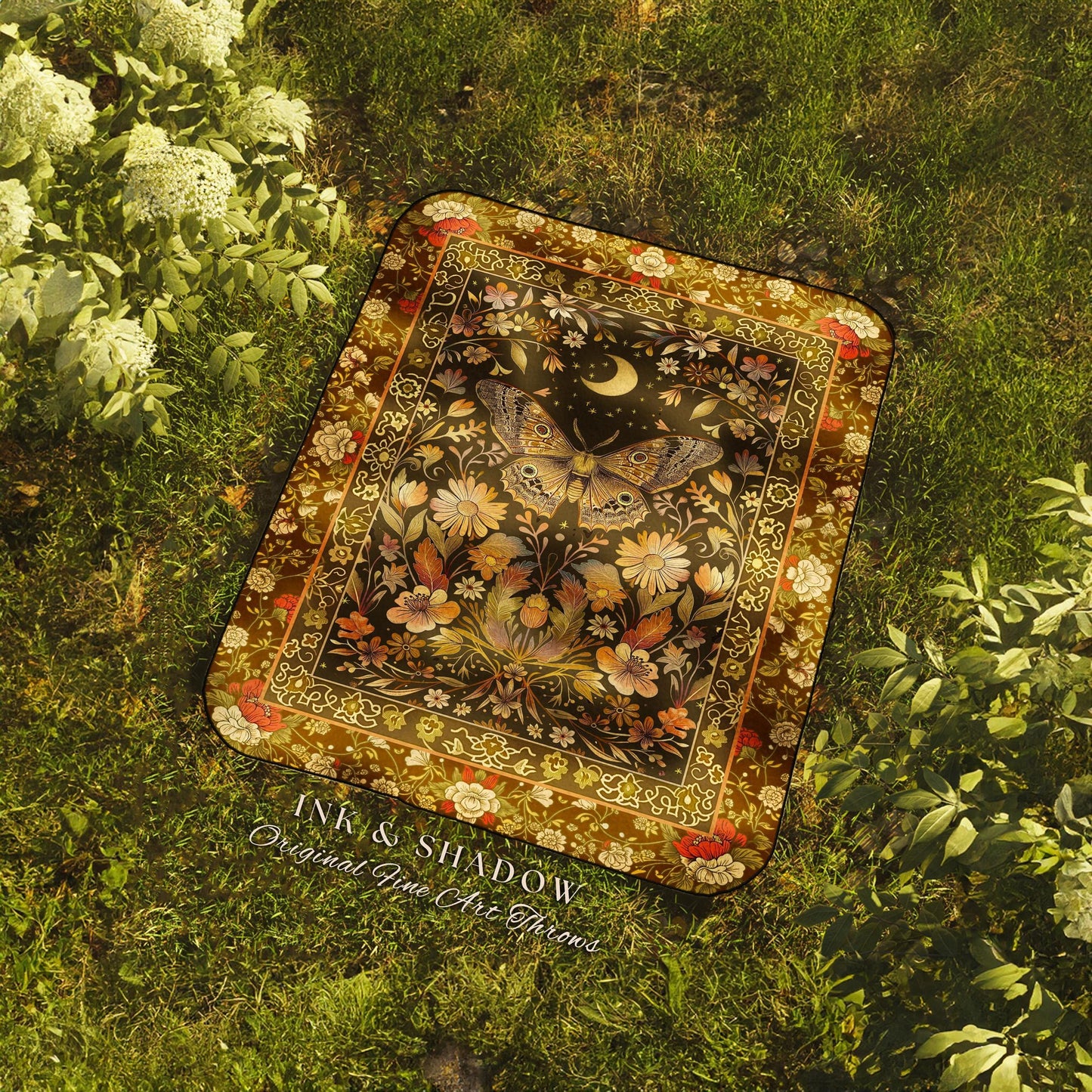 Vintage Floral Woodland Gothic Moth Moon Celestial Blanket Rustic Country Cottage, Mystic Fairycore Shabby Chic Butterfly Cottagecore Throw