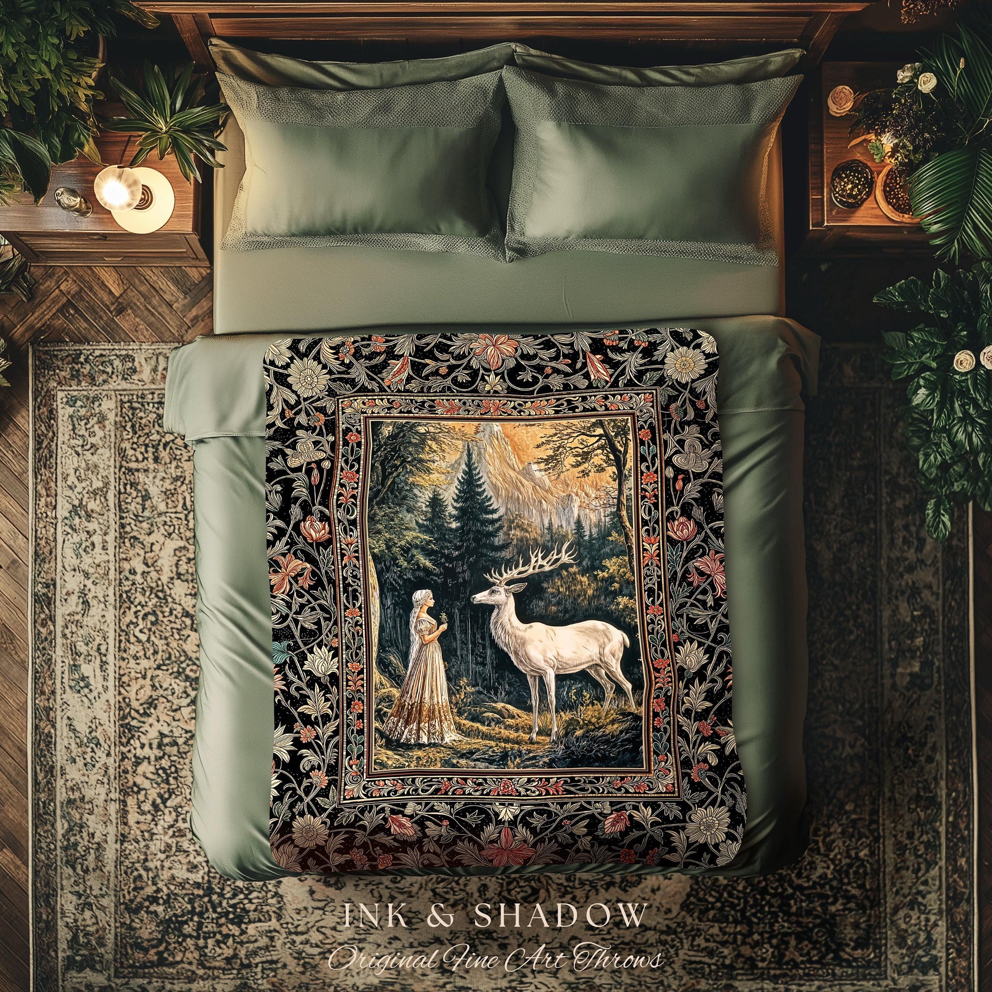 Mythic Landscape Gothic Forest Tapestry | Woodland Goddess Mystic Deer Blanket Forest Nymph Fairycore Woven Throw Magical Botanical Scene |