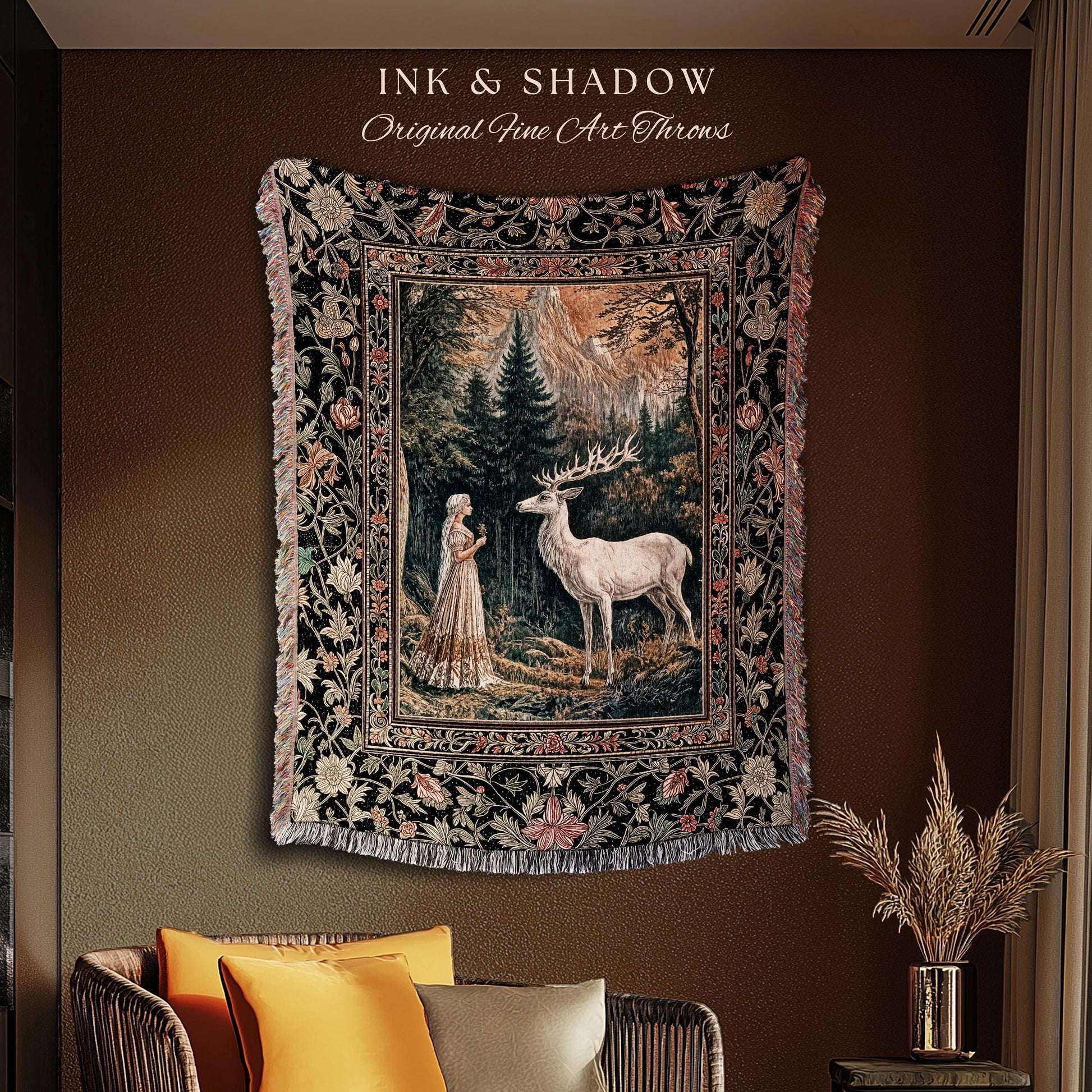 Mythic Landscape Gothic Forest Tapestry | Woodland Goddess Mystic Deer Blanket Forest Nymph Fairycore Woven Throw Magical Botanical Scene |