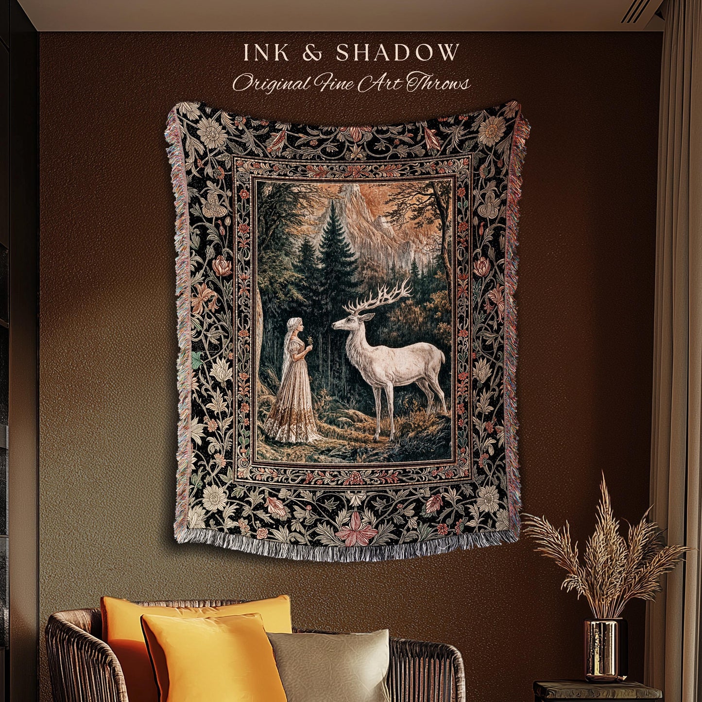 Mythic Landscape Gothic Forest Tapestry | Woodland Goddess Mystic Deer Blanket Forest Nymph Fairycore Woven Throw Magical Botanical Scene |