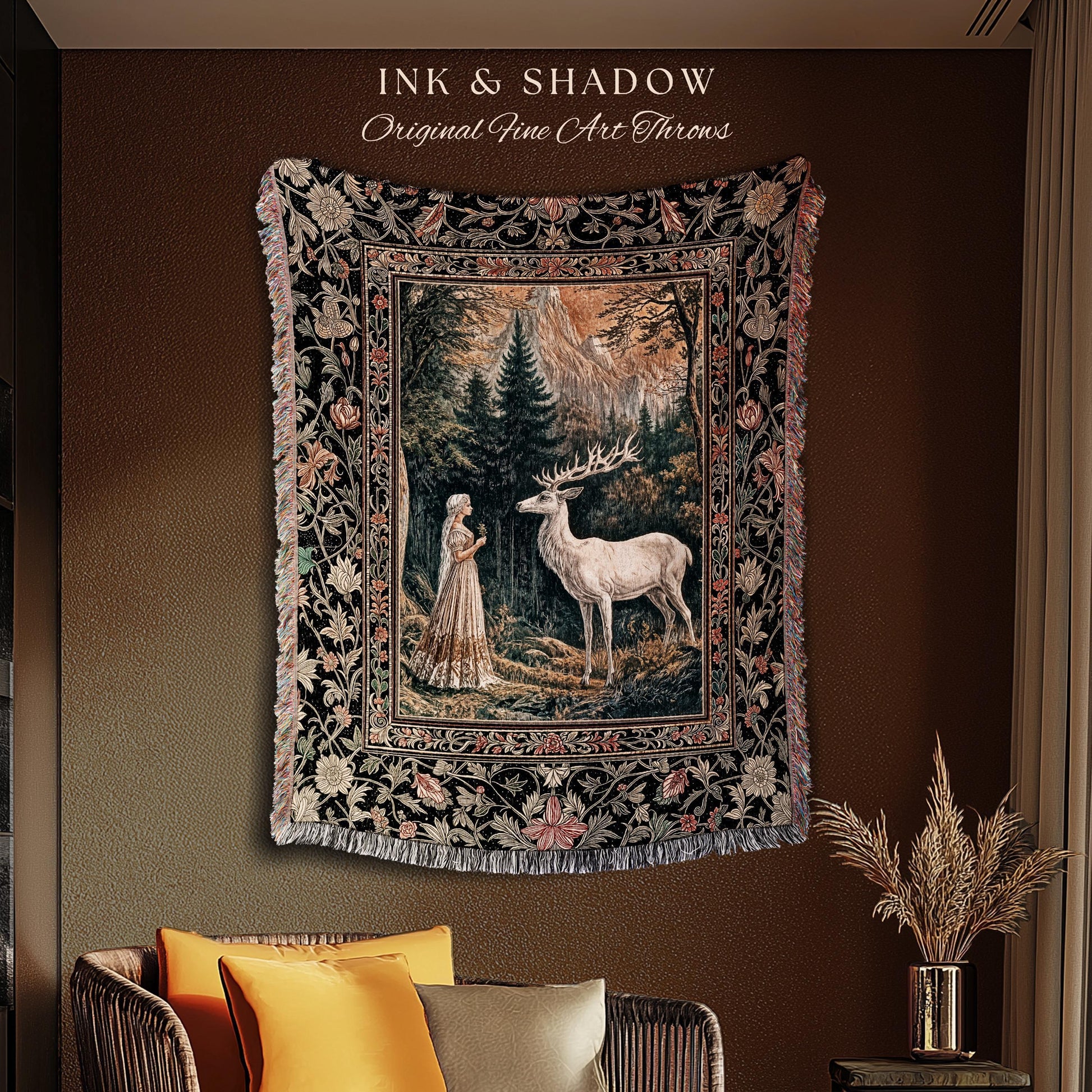Mythic Landscape Gothic Forest Tapestry | Woodland Goddess Mystic Deer Blanket Forest Nymph Fairycore Woven Throw Magical Botanical Scene |