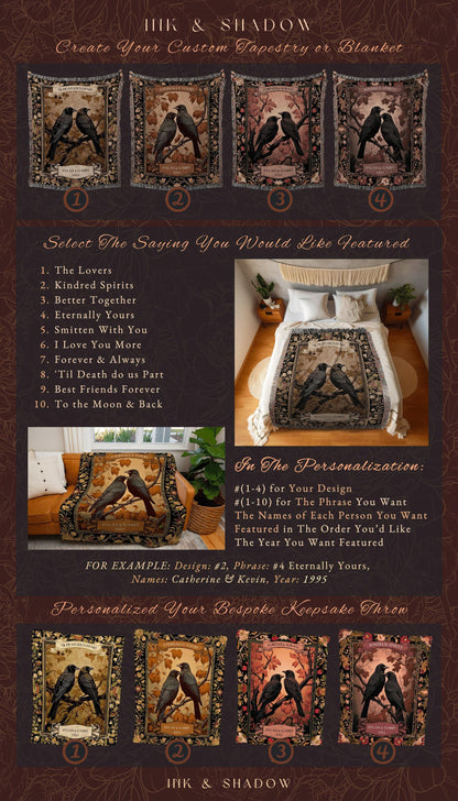 Golden Aesthetic Raven Couple Blanket | Crow Core Couple Dark Academia Aesthetic Woven Throw Custom Name Gift Goth Tapestry Witchy Decor |