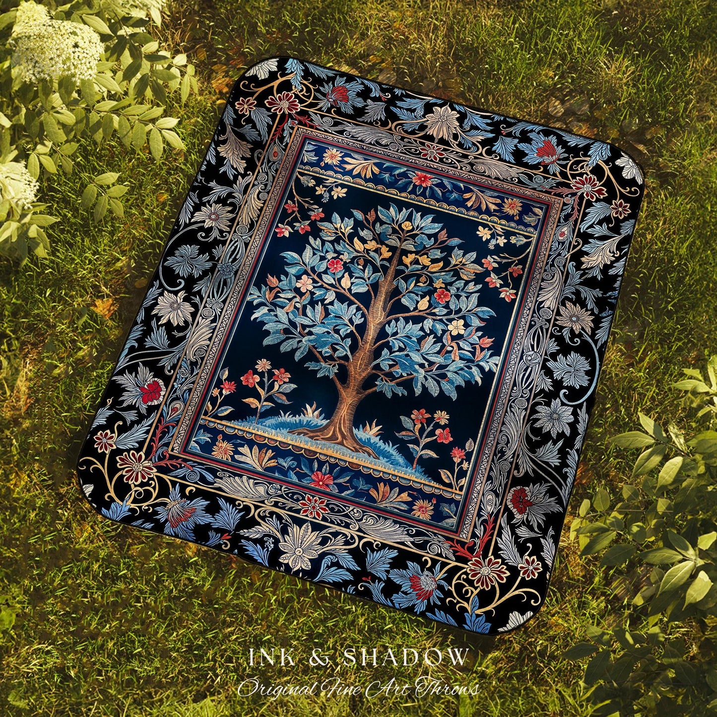 Dark Woodland Rich Baroque Tree of Life Blanket | Intricate Garden Decor Romantic Baroque Floral Accent Morris Inspired Woven Tapestry Throw