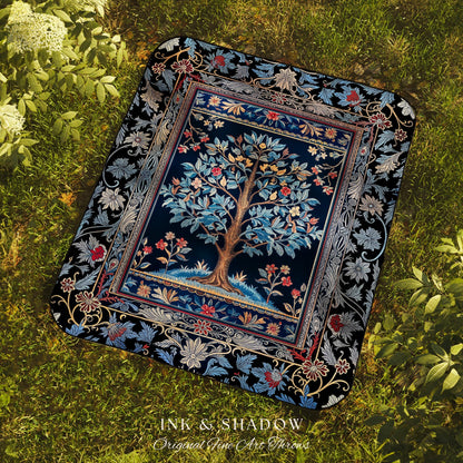 Dark Woodland Rich Baroque Tree of Life Blanket | Intricate Garden Decor Romantic Baroque Floral Accent Morris Inspired Woven Tapestry Throw