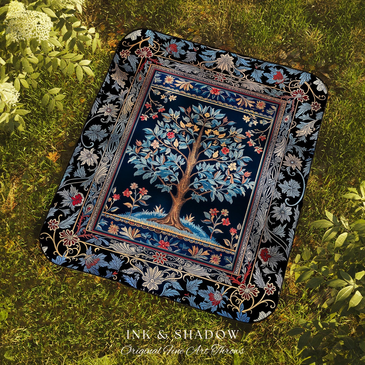 Dark Woodland Rich Baroque Tree of Life Blanket | Intricate Garden Decor Romantic Baroque Floral Accent Morris Inspired Woven Tapestry Throw