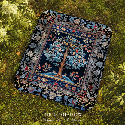 Dark Woodland Rich Baroque Tree of Life Blanket | Intricate Garden Decor Romantic Baroque Floral Accent Morris Inspired Woven Tapestry Throw