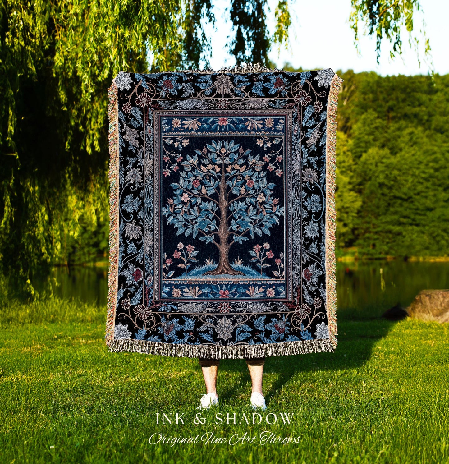 Dark Woodland Rich Baroque Tree of Life Blanket | Intricate Garden Decor Romantic Baroque Floral Accent Morris Inspired Woven Tapestry Throw