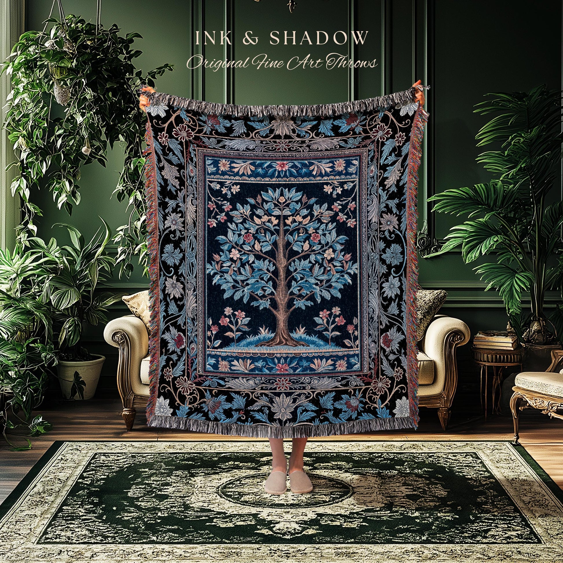 Dark Woodland Rich Baroque Tree of Life Blanket | Intricate Garden Decor Romantic Baroque Floral Accent Morris Inspired Woven Tapestry Throw