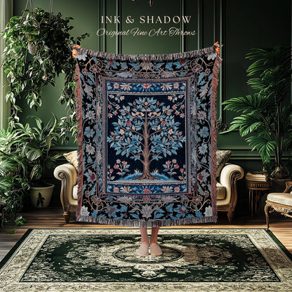 Dark Woodland Rich Baroque Tree of Life Blanket | Intricate Garden Decor Romantic Baroque Floral Accent Morris Inspired Woven Tapestry Throw