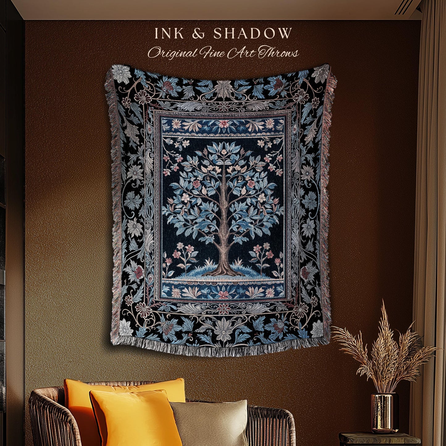 Dark Woodland Rich Baroque Tree of Life Blanket | Intricate Garden Decor Romantic Baroque Floral Accent Morris Inspired Woven Tapestry Throw