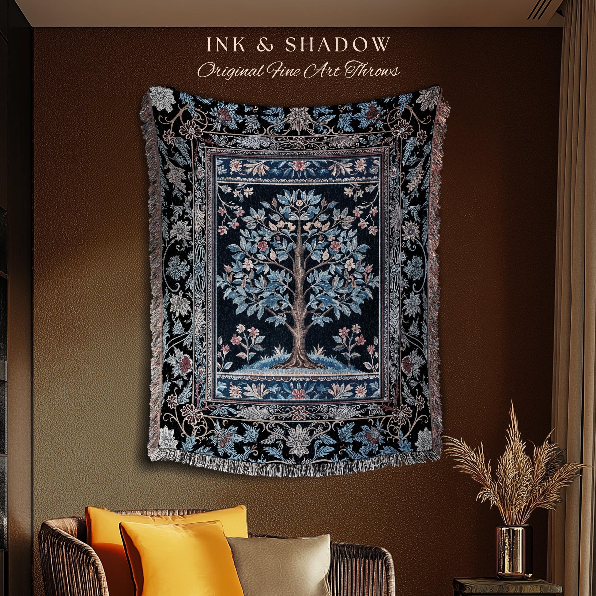Dark Woodland Rich Baroque Tree of Life Blanket | Intricate Garden Decor Romantic Baroque Floral Accent Morris Inspired Woven Tapestry Throw