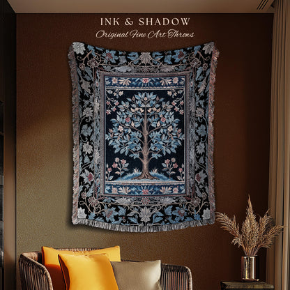 Dark Woodland Rich Baroque Tree of Life Blanket | Intricate Garden Decor Romantic Baroque Floral Accent Morris Inspired Woven Tapestry Throw