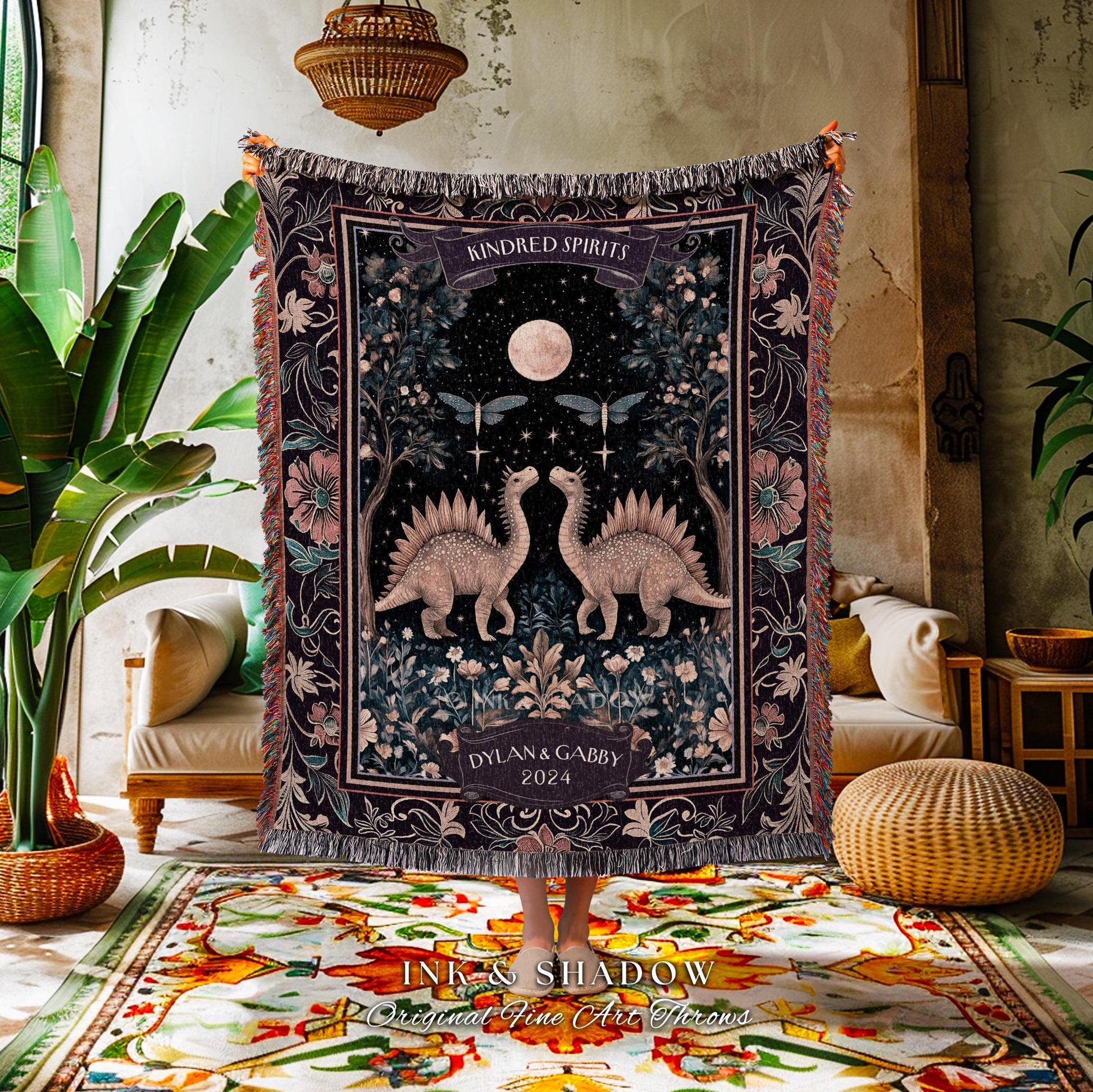 Cute Cozy Celestial Dino Couple Tapestry Throw Whimsigoth Anniversary Gift | Mystic Dinosaur Lovers Moonlit Kindred Spirits Keepsake Blanket