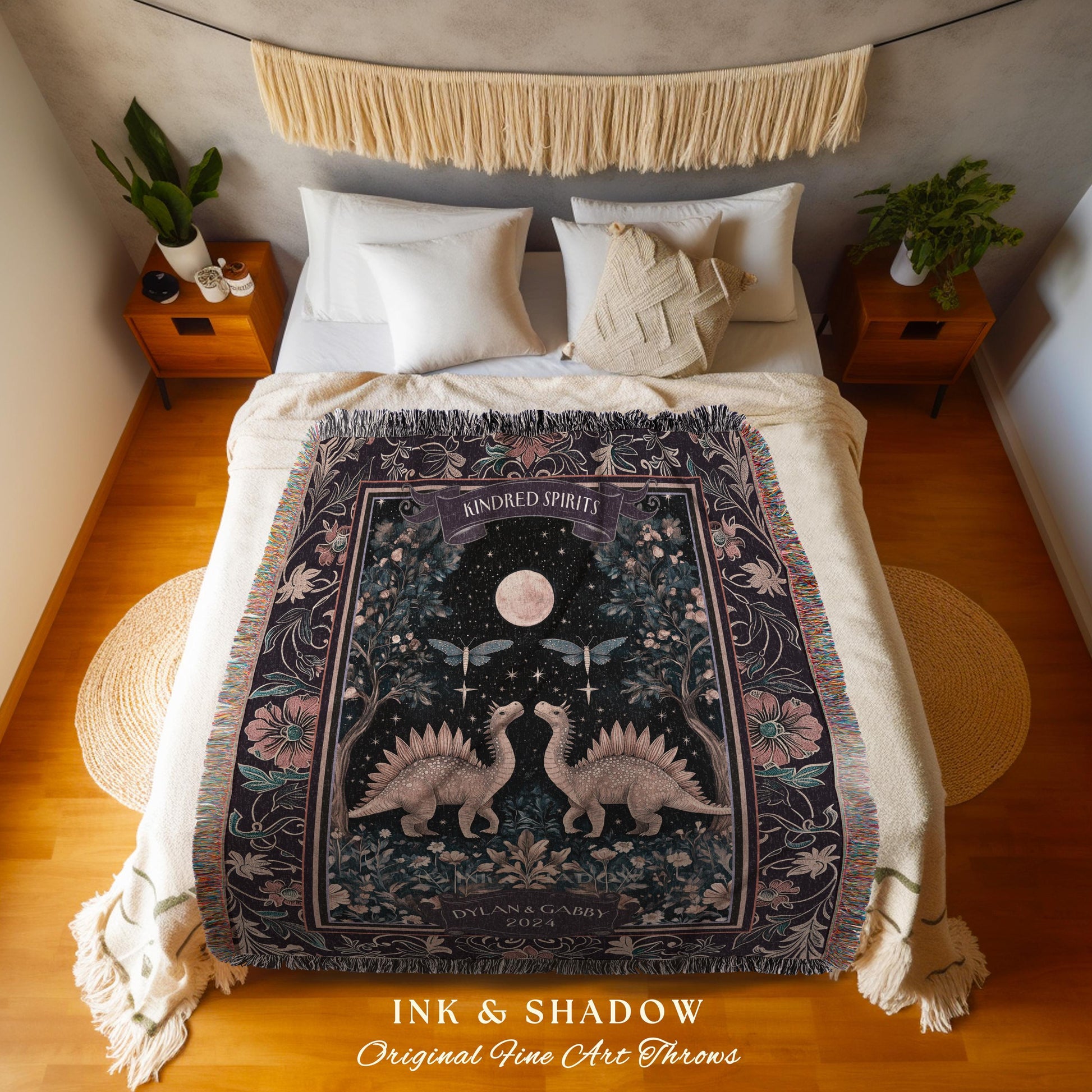 Cute Cozy Celestial Dino Couple Tapestry Throw Whimsigoth Anniversary Gift | Mystic Dinosaur Lovers Moonlit Kindred Spirits Keepsake Blanket