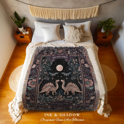 Cute Cozy Celestial Dino Couple Tapestry Throw Whimsigoth Anniversary Gift | Mystic Dinosaur Lovers Moonlit Kindred Spirits Keepsake Blanket