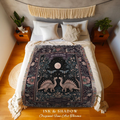 Cute Cozy Celestial Dino Couple Tapestry Throw Whimsigoth Anniversary Gift | Mystic Dinosaur Lovers Moonlit Kindred Spirits Keepsake Blanket