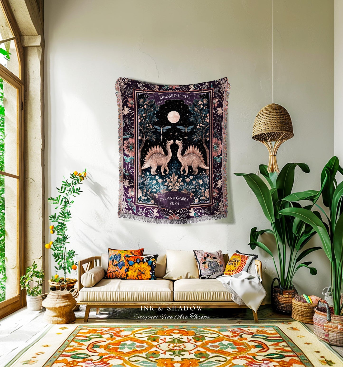 Cute Cozy Celestial Dino Couple Tapestry Throw Whimsigoth Anniversary Gift | Mystic Dinosaur Lovers Moonlit Kindred Spirits Keepsake Blanket