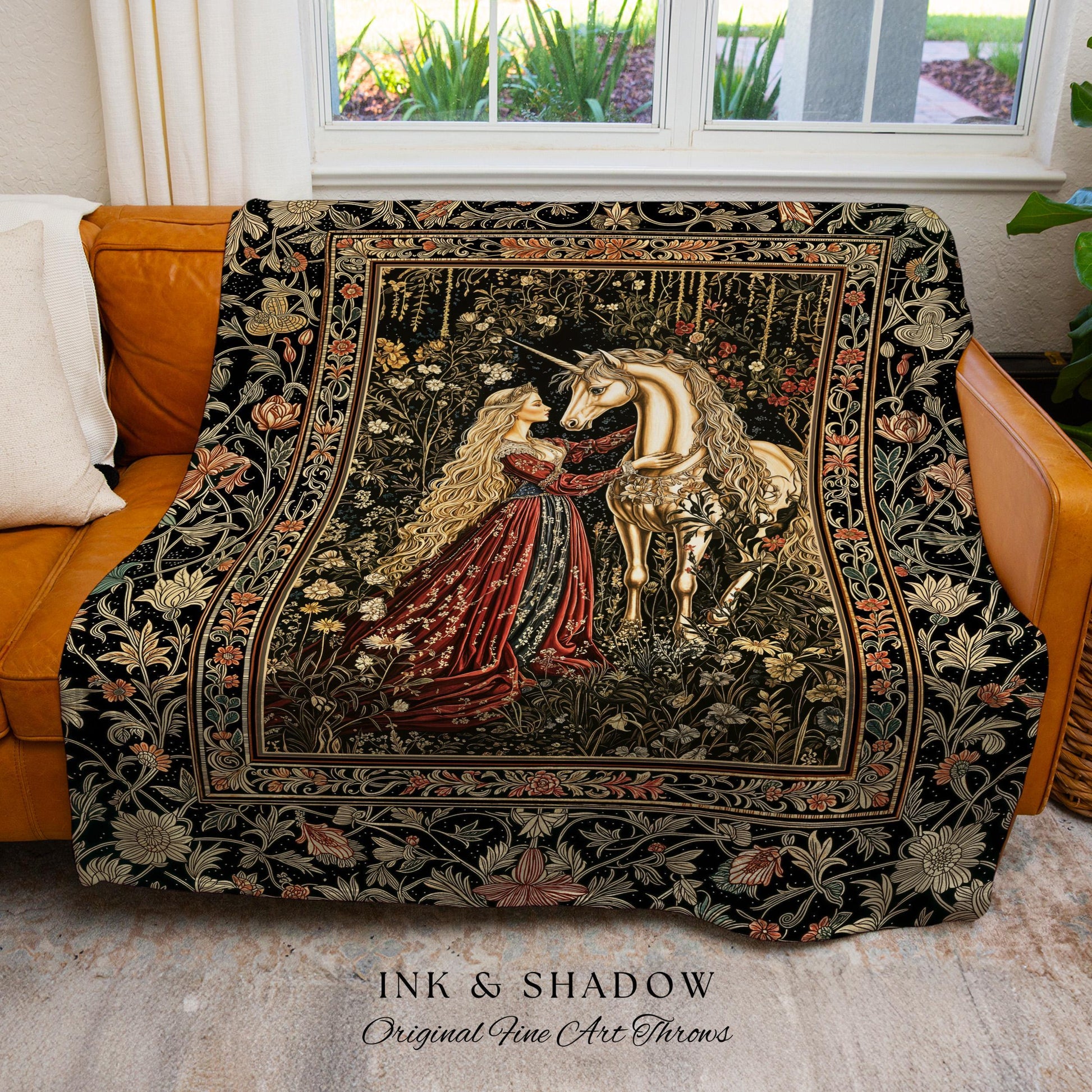 Romantic Fairytale Unicorn Throw Blanket | Regency Dark Cottagecore Coquette Woven Tapestry Dreamy Rococo Bedroom Storybook Gothic Decor |