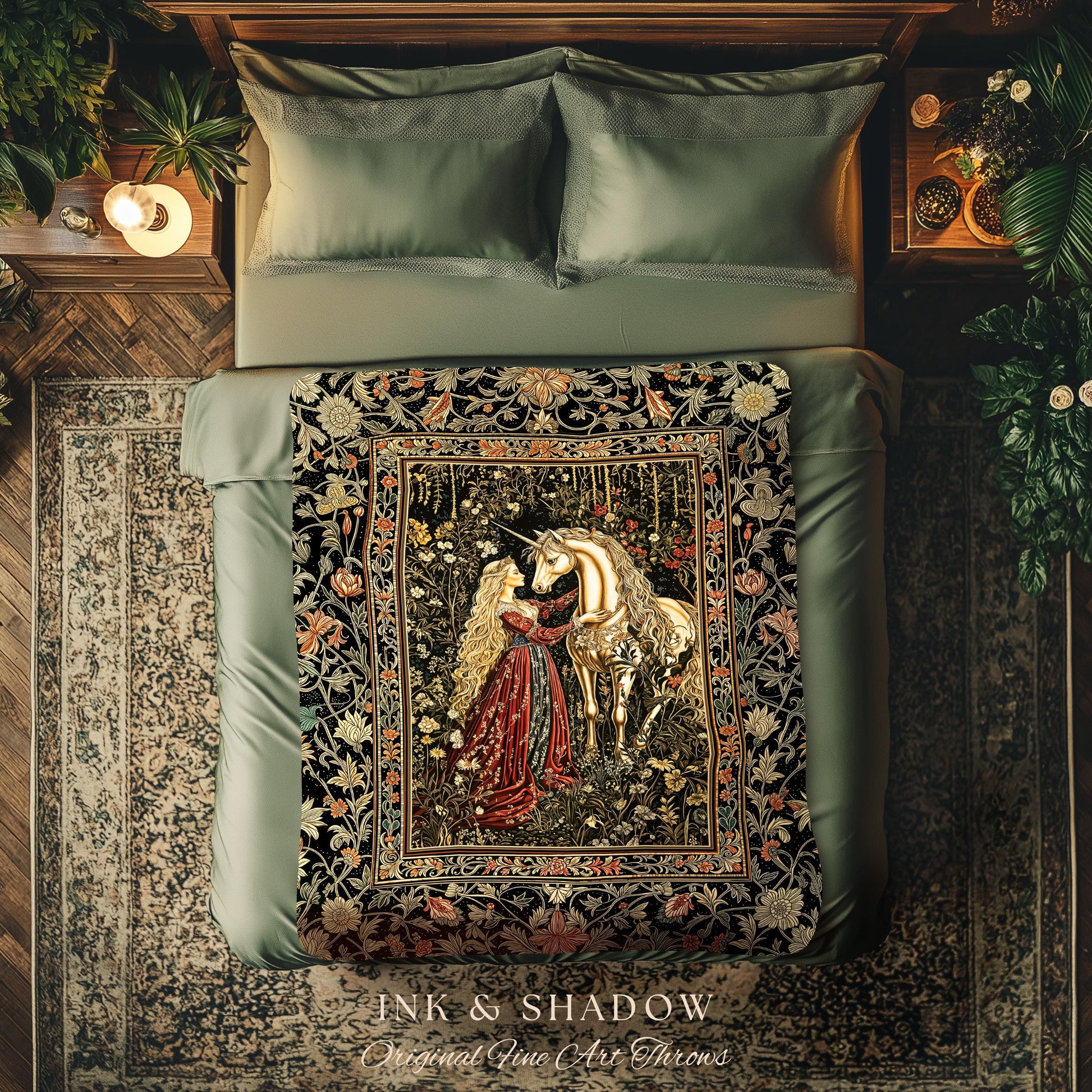 Romantic Fairytale Unicorn Throw Blanket | Regency Dark Cottagecore Coquette Woven Tapestry Dreamy Rococo Bedroom Storybook Gothic Decor |