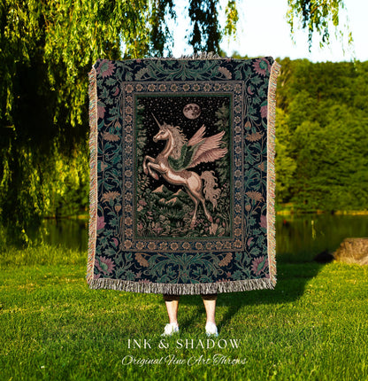 Winged Unicorn Full Moon Fantasy Tapestry | Enchanted Forest Fairytale Decor Baroque Regal Castlecore Romantic Maximalist Throw Blanket Goth