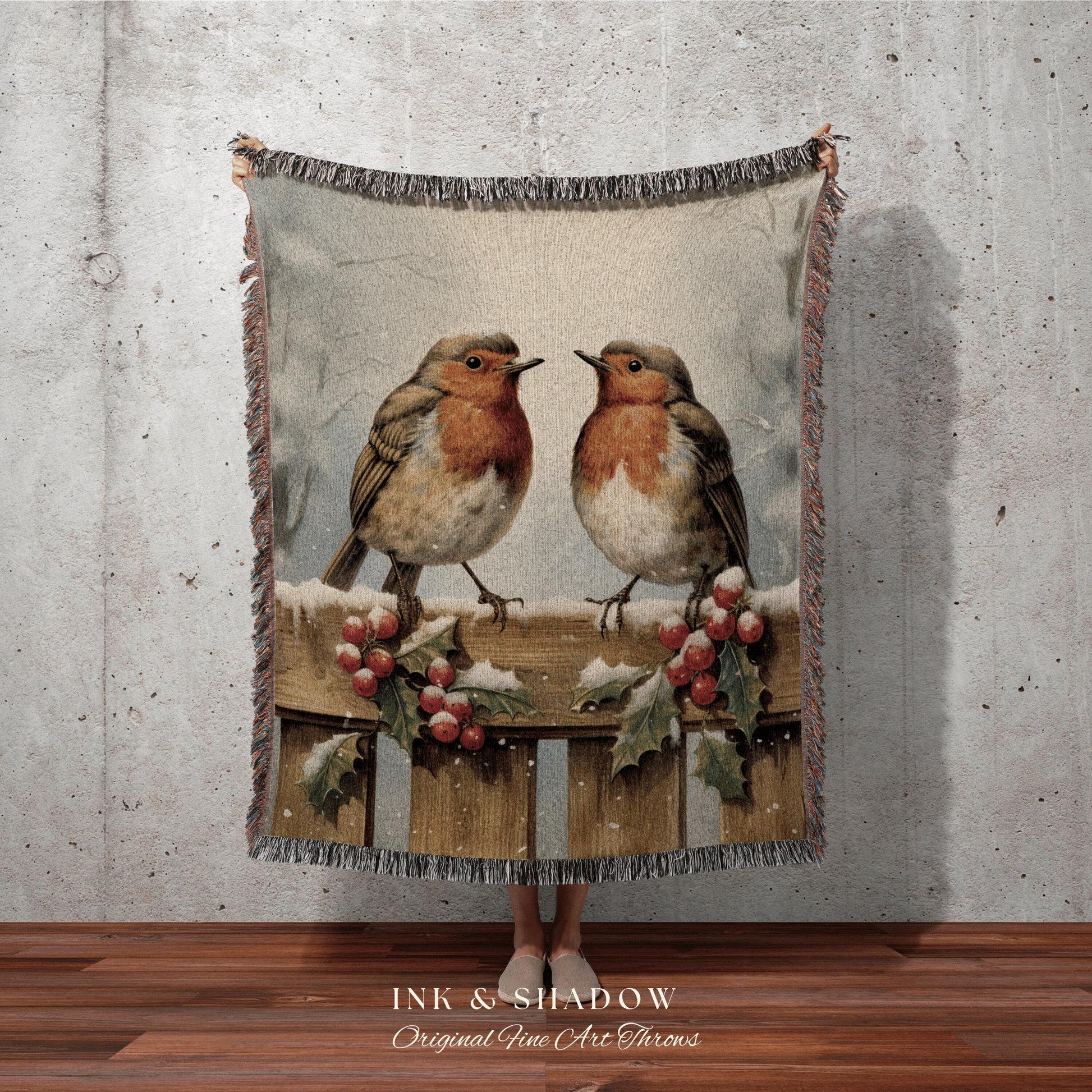 Robin Bird Tapestry Blanket | Vintage Christmas Cardinal Blanket Woven Tapestry Winter Holiday Decor Snowy Landscape Vintage Home Decor Bird