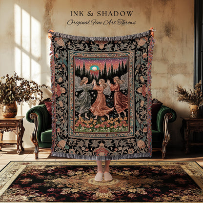 Midsummer Aesthetic Angel Tapestry | Medieval Angels Dancing Witchy Aesthetic Dreamy Fairytale Folklore Woven Throw Blanket Bohemian Magic