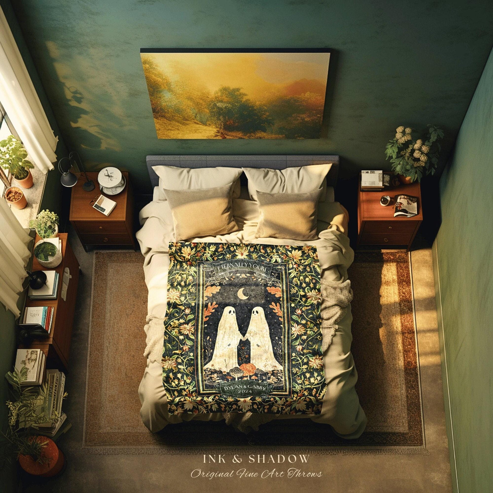 May include: A green and black tapestry throw blanket with a floral design. The blanket features two white ghosts holding hands with a pumpkin in the center. The text on the blanket reads 'Eternally Yours' and 'Dylan & Gabby 2023'. The blanket is displayed on a bed with white and brown pillows.