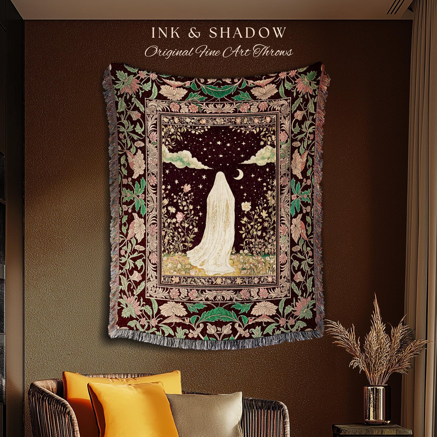Celestial Nightfall Mystic Ghost Tapestry | Ethereal Witchy Cottagecore Blanket Woven Whimsigoth Gothic Decor Botanical Vintage Aesthetic |