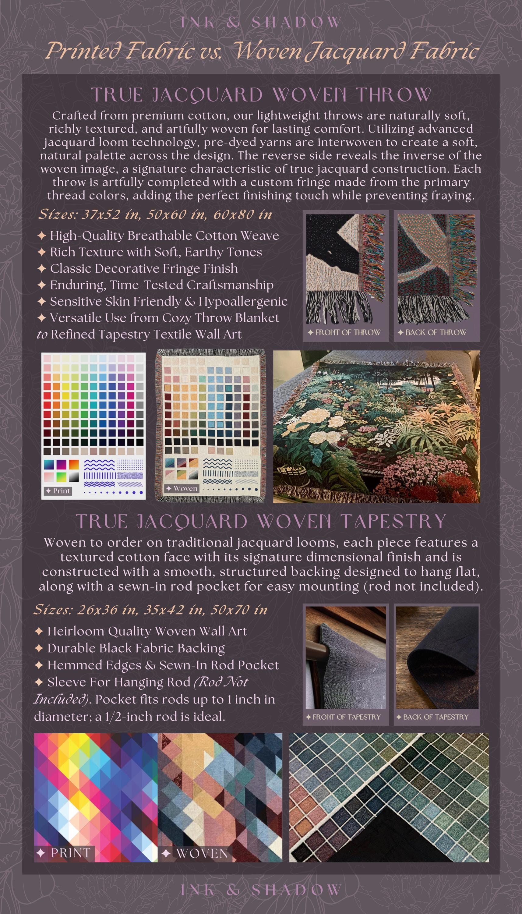 The image is a comparison between printed fabric and woven Jacquard fabric, featuring images of the fabrics in different colors and textures.